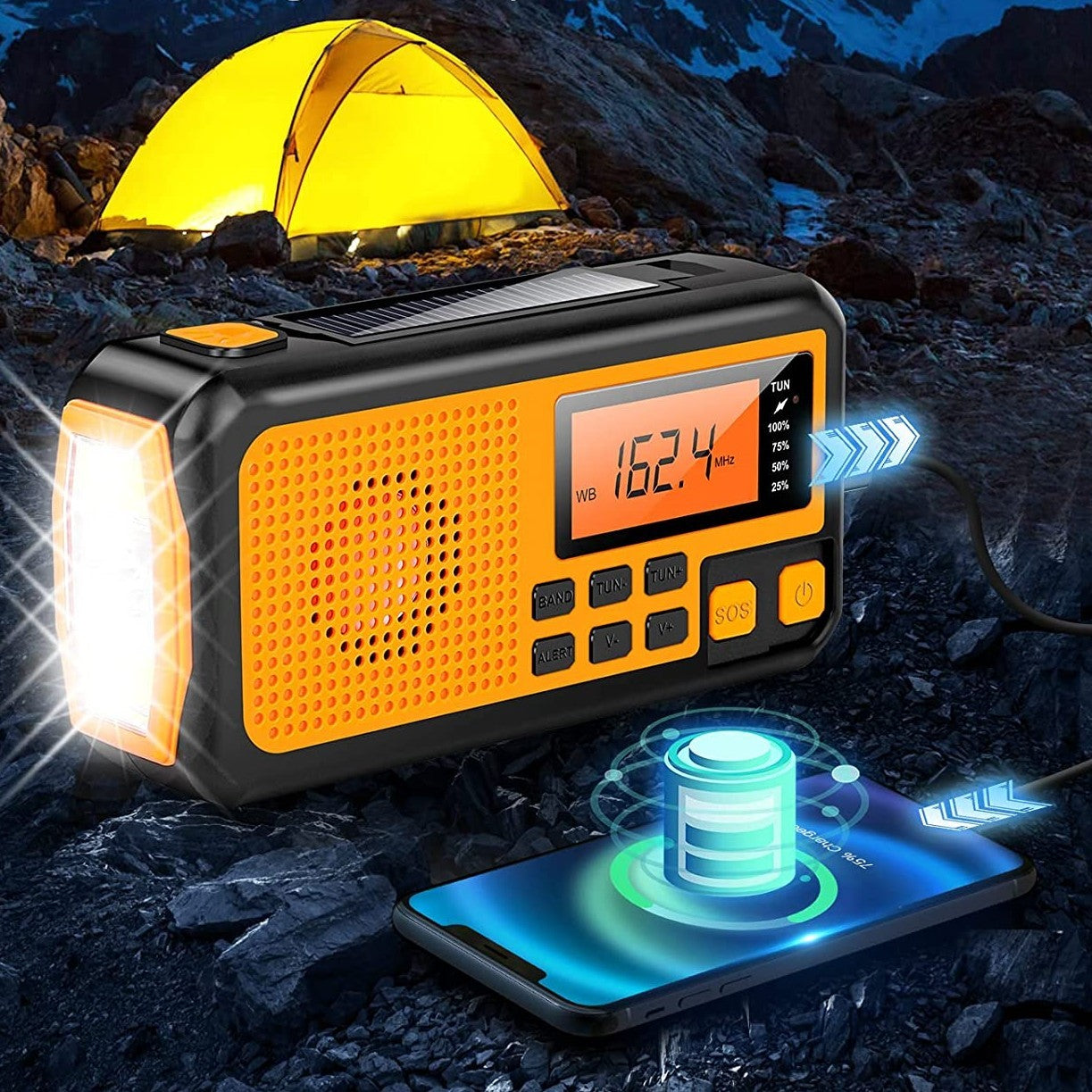 Solar and hand-powered emergency multifunctional radio with flashlight