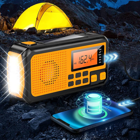 Solar and hand-powered emergency multifunctional radio with flashlight