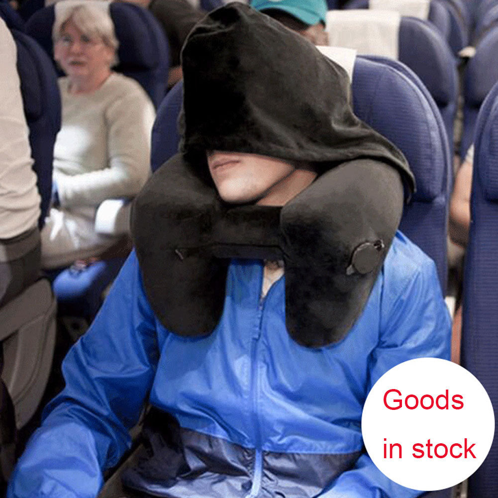 Inflatable hooded travel pillow for neck support